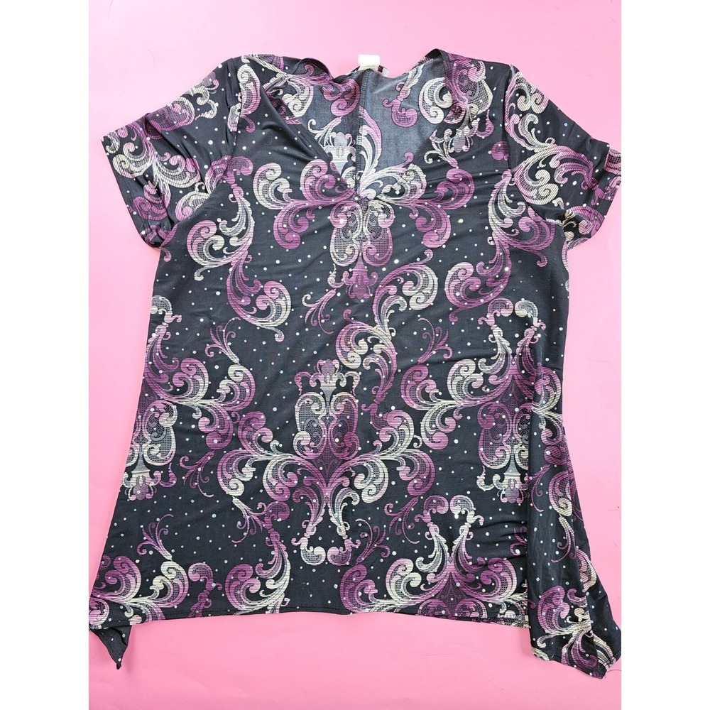 Only 9 Black Purple Scroll Rhinestone V Neck Tunic Top Women's Size M